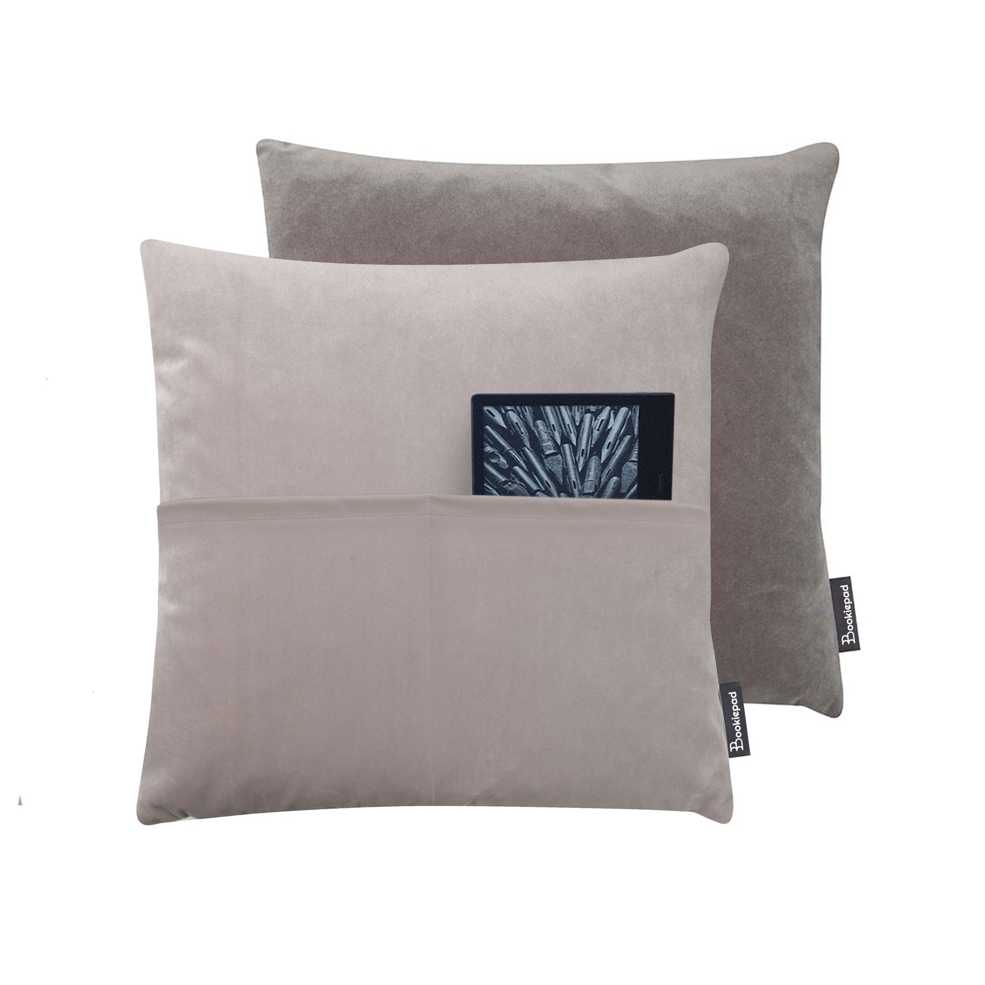 Kissen mit Tasche Cozy Samt in - Grau - Bookiepad, Taschenkissen, Bücherkissen, Lesekissen
