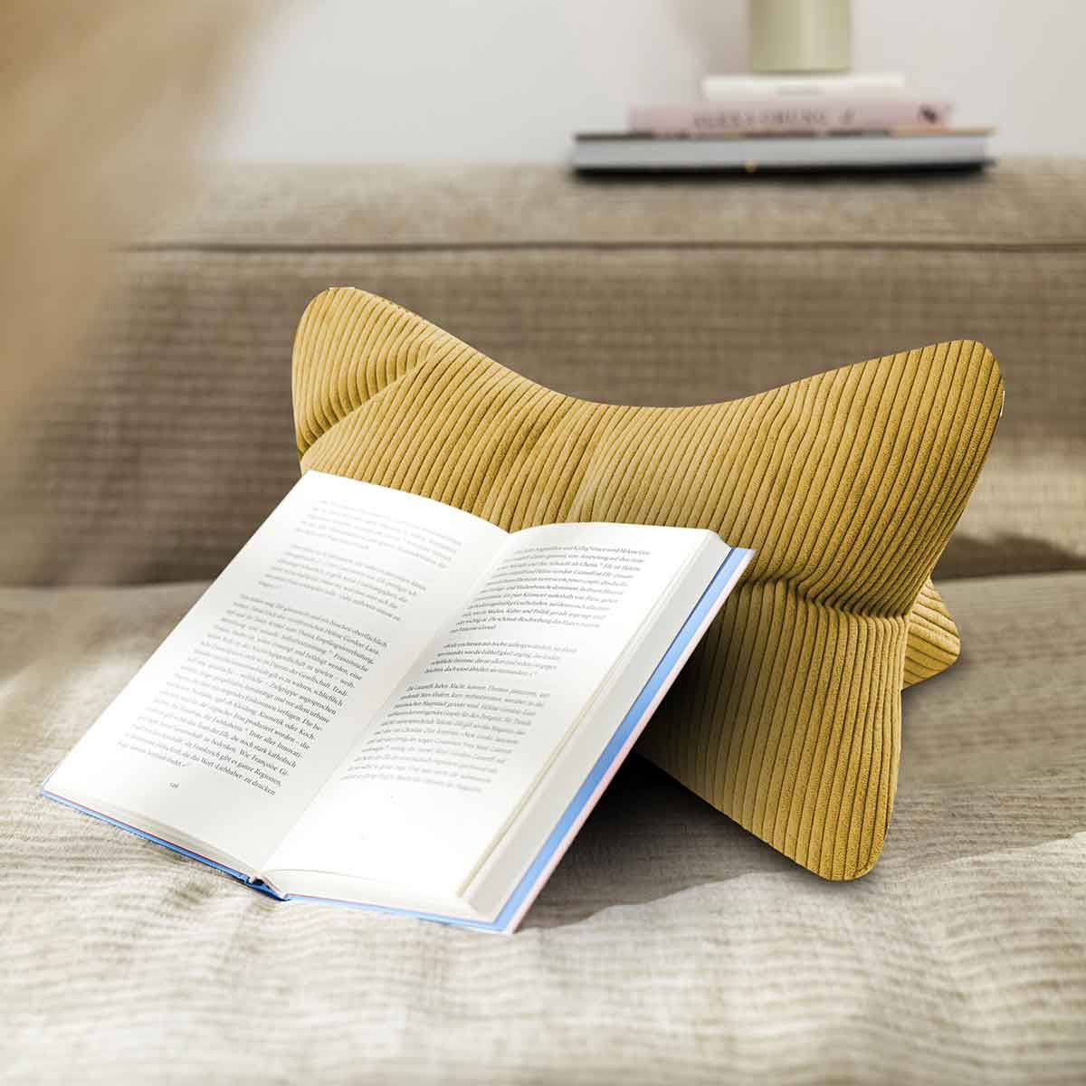 Leseknochen Inga in Cord-Optik - Gelb - Bookiepad, reading, cozy, Lesekissen, Couch, Sofa, Knochen